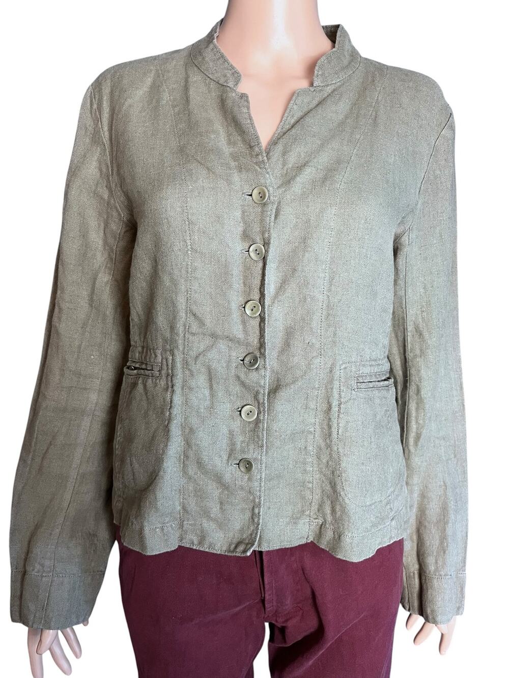 Eileen Fisher Green Irish Linen Blazer Medium Pockets Notched Vee Neck